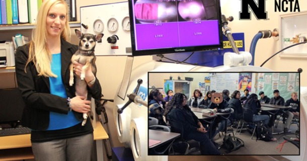NCTA Alumnus Christina Knadjl at her veterinary technology practice. (Inset photo) Students listen to Christina’s presentation about NCTA in a classroom at Wm. Jennings Bryan High School in Omaha. Bryan has a dynamic urban agriculture and FFA program.