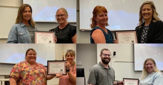 NCTA awardees on the left of each photo, honored by their colleagues: (Top L-R) Vicky Luke receives Steward award, Dr. Crystal Rhine receives Bruntz award, (Bottom L-R), Chrissy Barnhart receives NCTA Community Award, and Nathan Nicklas receives John and Lillian Memorial for Excellence in Service.