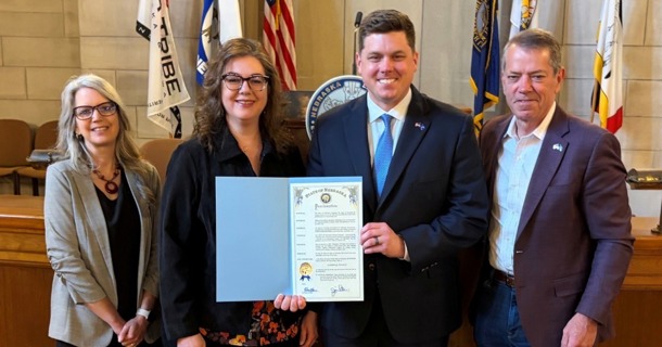 To recognize the importance of planning for future education opportunities, Gov. Jim Pillen has proclaimed May 29 as National 529 Day in Nebraska. Attending the proclamation signing ceremony were (from left) Donna Crownover, College Savings Plan Relationship Manager-VP, Union Bank and Trust Company; Rachel Biar, Deputy Treasurer of Savings Programs; State Treasurer Joey Spellerberg; and Governor Pillen.   