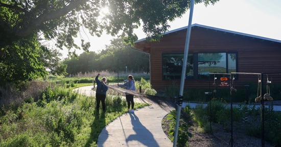 SSRP 3  UNK biology professor Letty Reichart and senior Morgan Holm set up a net at Rowe Sanctuary to capture birds for their research project. (Photo by Erika Pritchard, UNK Communications)