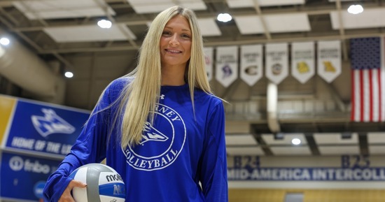 Grace Schmedding transferred to UNK in January after playing two seasons at longtime rival Fort Hays State. The junior outside hitter is studying criminal justice, and she’s involved in the Student-Athlete Advisory Committee and Fellowship of Christian Athletes. (Photo by Erika Pritchard, UNK Communications)