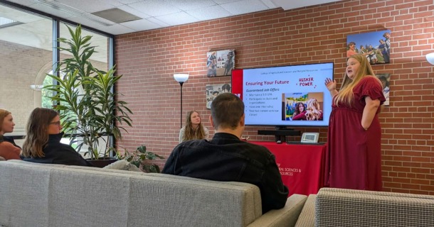 NCTA students listen as CASNR staff welcome them to the University of Nebraska–Lincoln and share information about academic programs, student resources, clubs and campus life. Left to right sitting on the couch are Madisen Adams, Brook Wagner and Collin White.