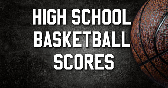 Basketball on the court in the background with the words high school basketball scoreboard on the left.